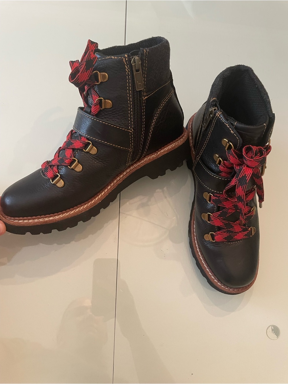 Bionica Black Leather Ankle Boots with Red Patterned Laces
